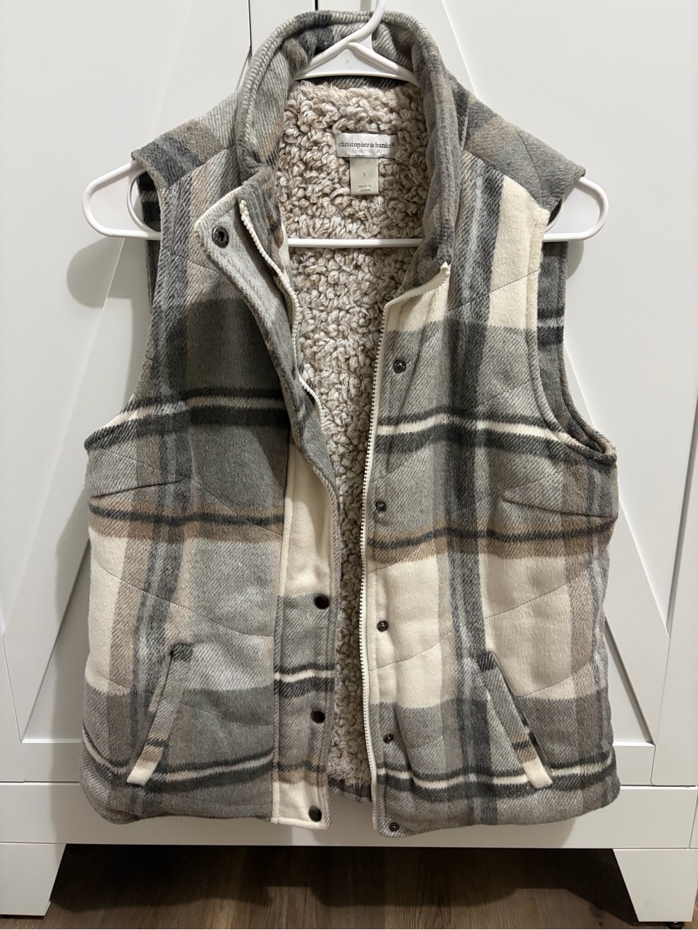 Christopher & Banks Plaid Sherpa-Lined Vest in Gray and Cream